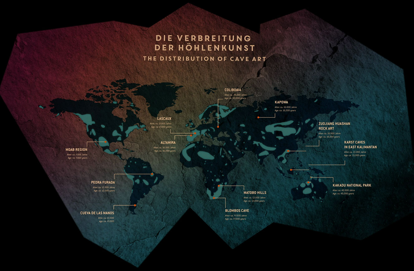 Projizierte Weltkarte „Die Verbreitung der Höhlenkunst“ mit markierten Fundorten und Altersangaben – Lascaux