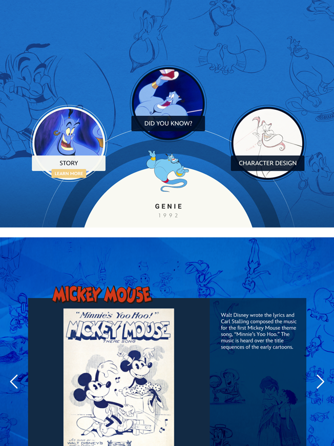 Bildschirmansicht des Charaktertisches: Auswahl zur Figur Genie von 1992 und Detailseite zum Mickey-Mouse-Titellied – Disney 100