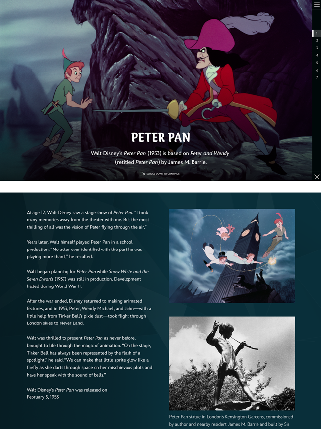 Überblick über die interaktive Medienstation zu Peter Pan in der Disney 100 Ausstellung – mit animierter Filmszene, Hintergrundinfos zur literarischen Vorlage von James M. Barrie und historischen Bildern, entwickelt von cocurio im Raum ‚Sources of Inspiration‘