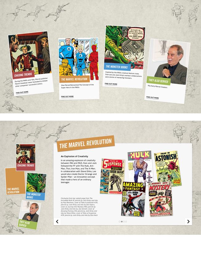 Bildschirmansicht der Station zur Marvel-Geschichte mit Themenkarten und geöffnetem Kapitel „The Marvel Revolution“