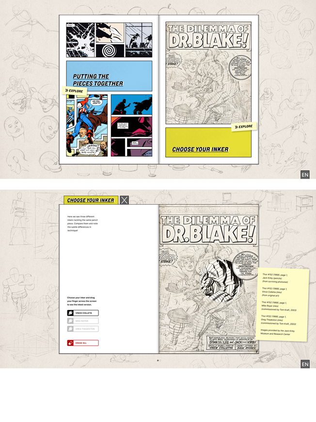 Benutzeroberfläche der Medienstation „Putting the Pieces Together“ – Auswahl unterschiedlicher Inker-Stile auf einer historischen Comicseite – Interface-Konzept und Umsetzung von cocurio