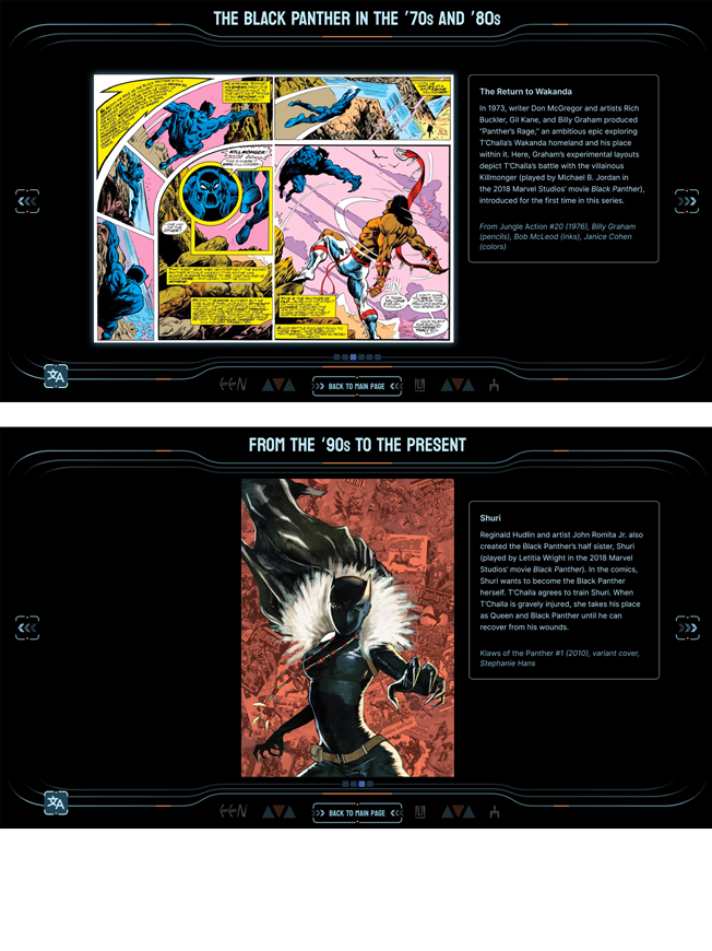 Bildschirmansicht der Medienstation zu Black Panther mit Comicseiten aus den 1970er- und 1990er-Jahren und erläuternden Texten – Marvel